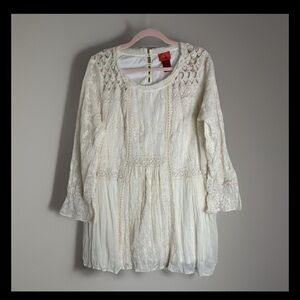 Christine V Boho Peasant Tunic Top L Lace Crochet Cream Gauze Festival Blouse
